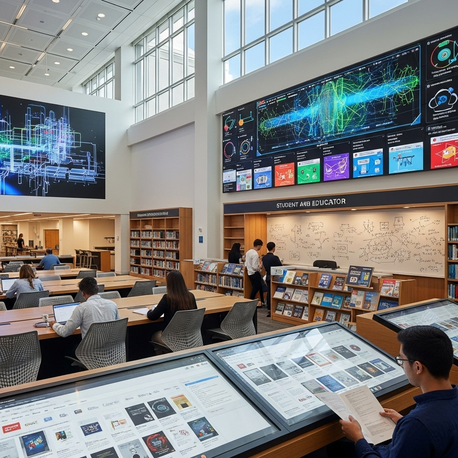 A large, modern library and research center. Several people are working at long tables on laptops, while others interact with large, interactive screens displaying a digital repository of documents. In the background, a large screen shows a complex process simulation, and another area is labeled "Student and Educator" with books and a whiteboard.